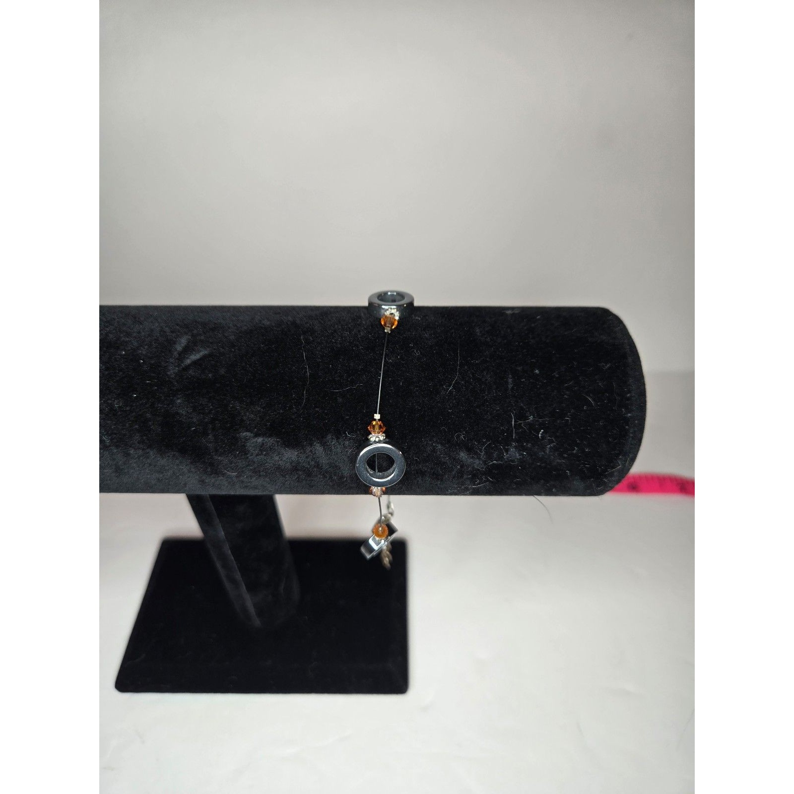 Grey And Orange Beaded Bracelet On Wire Adjustable Length